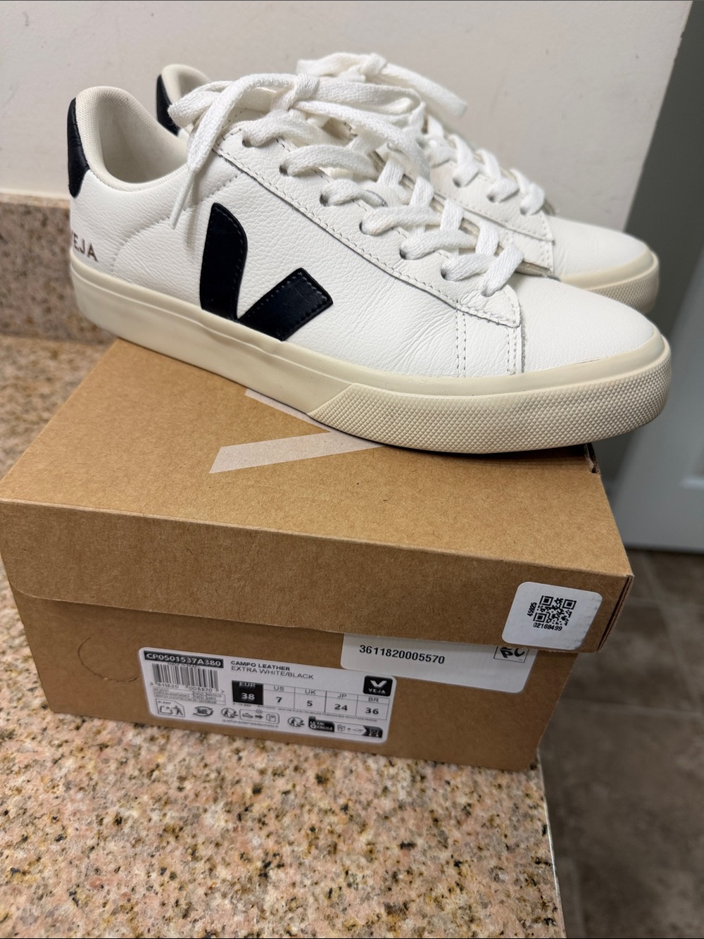 Veja Campo Leather Sneakers in White with Black V